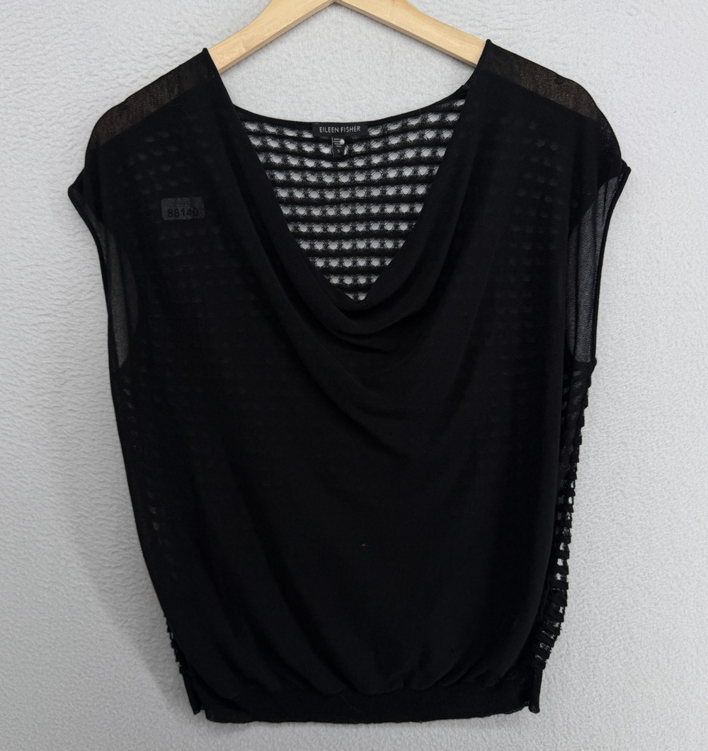 EILEEN FISHER Sweater S Sheer Cotton Mesh Draped Cowl Neck Pullover Black